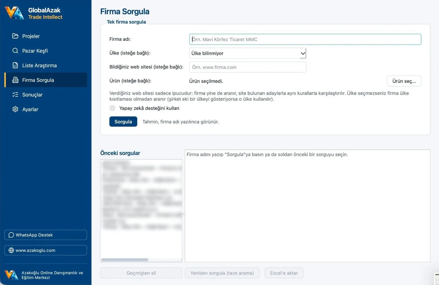 Firma Sorgula ekranı: tek firma adı, ülke, web sitesi ve ürün alanları